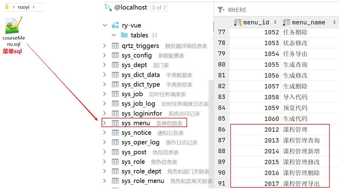 使用数据库工具执行 menu.sql 文件的截图